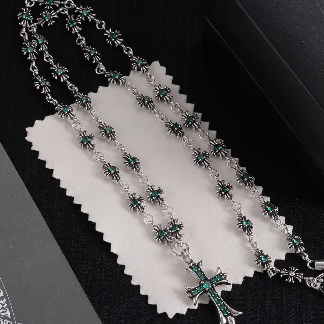 Chrome Hearts Silver Cross Pendant with Emerald Stones